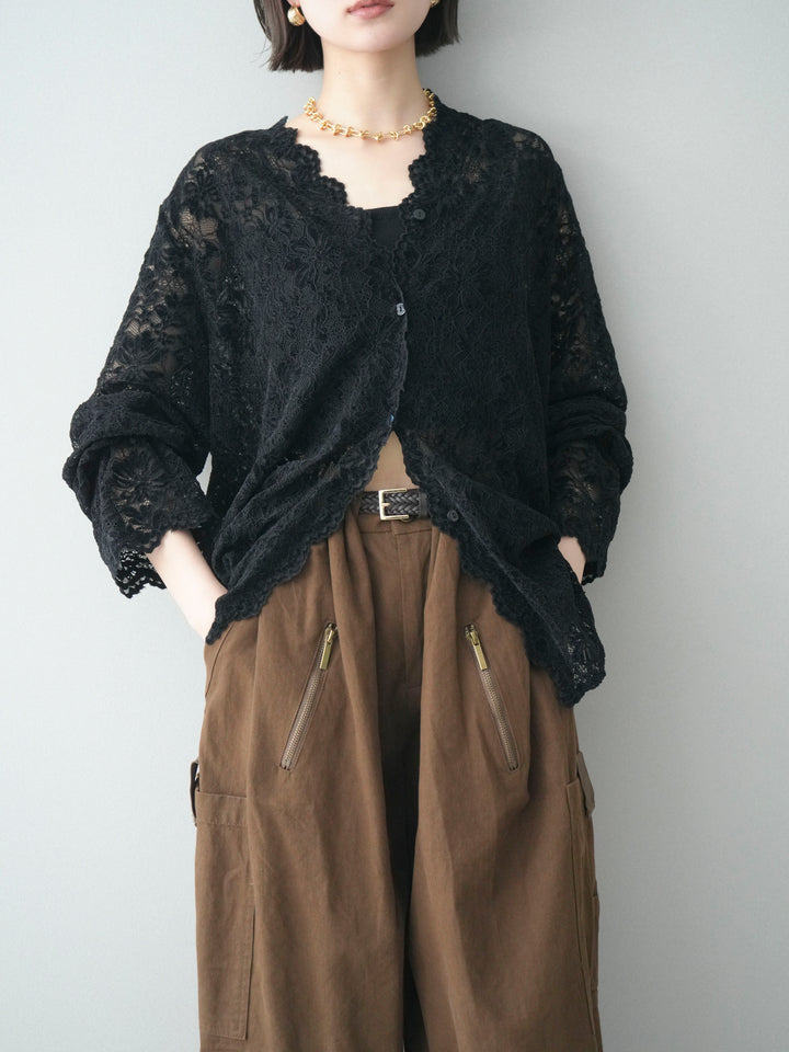 [SET]Vネックレースブラウス+選べるアクセセット(2set)