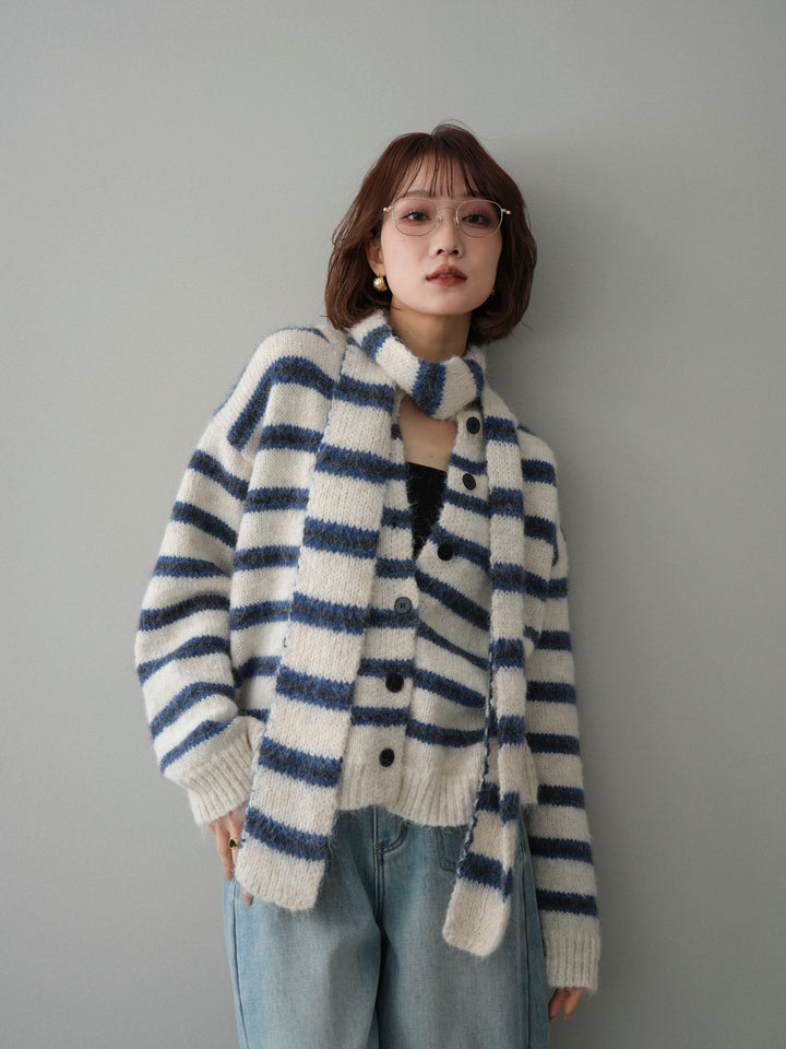 [予約]ボウタイ付きボーダーニットプルオーバー/white