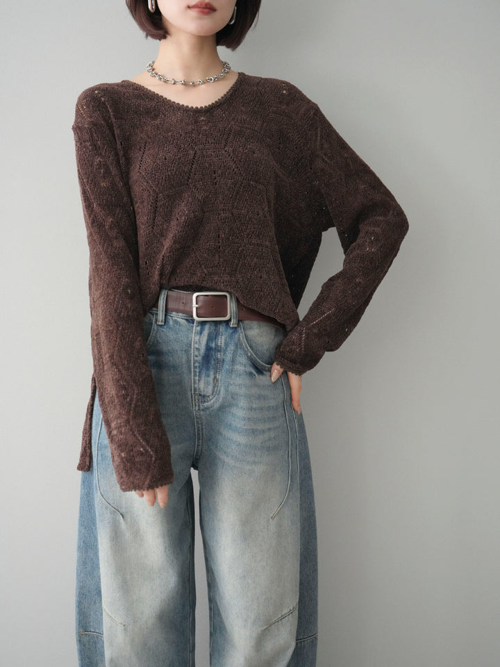 [予約]モール透かし編みニットトップス/brown