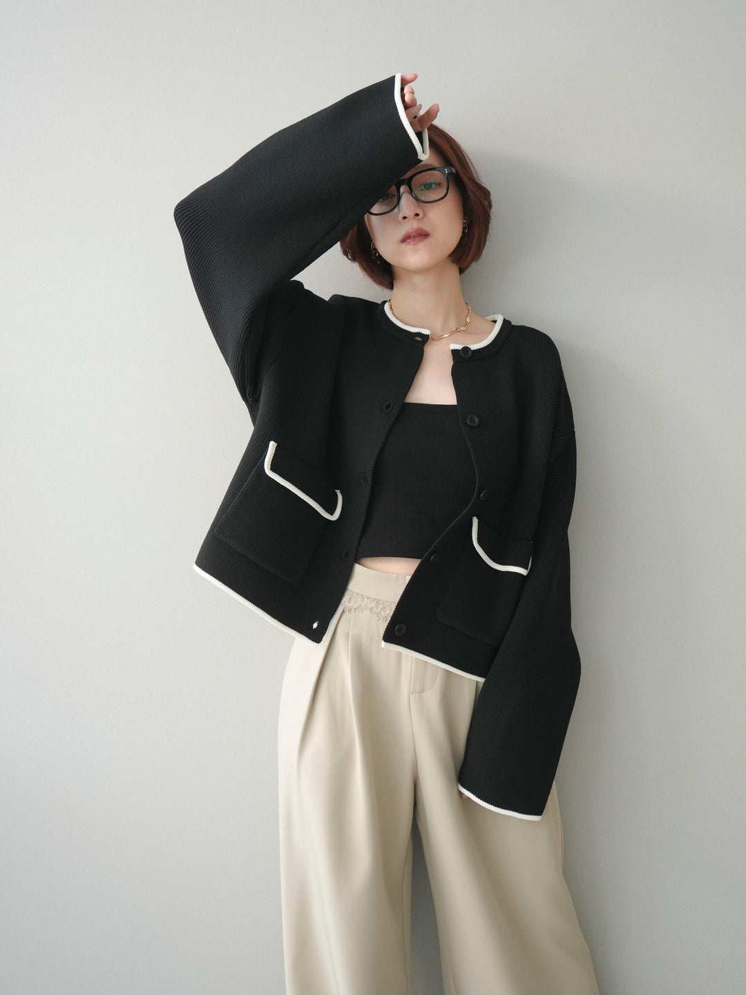 [SET]ポリエステル配色ニットカーディガン+ウエストレースタックワイドパンツ(2set)