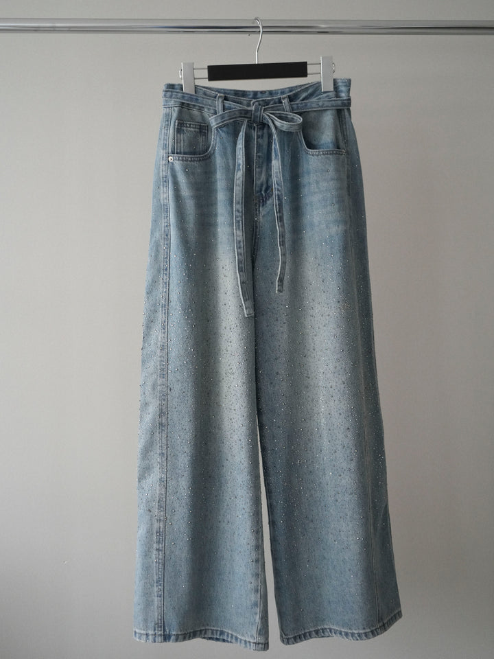 [SET]配色リブヘンリータンクトップ+ウエストベルトビジューワイドデニムパンツ(2set)