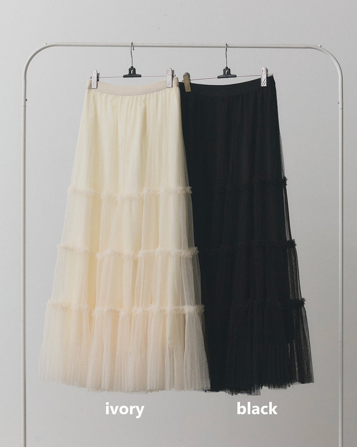 【Allure】[SET]アンティークボタンツイードフリンジニットベスト+チュールティアードフレアスカート(2set)