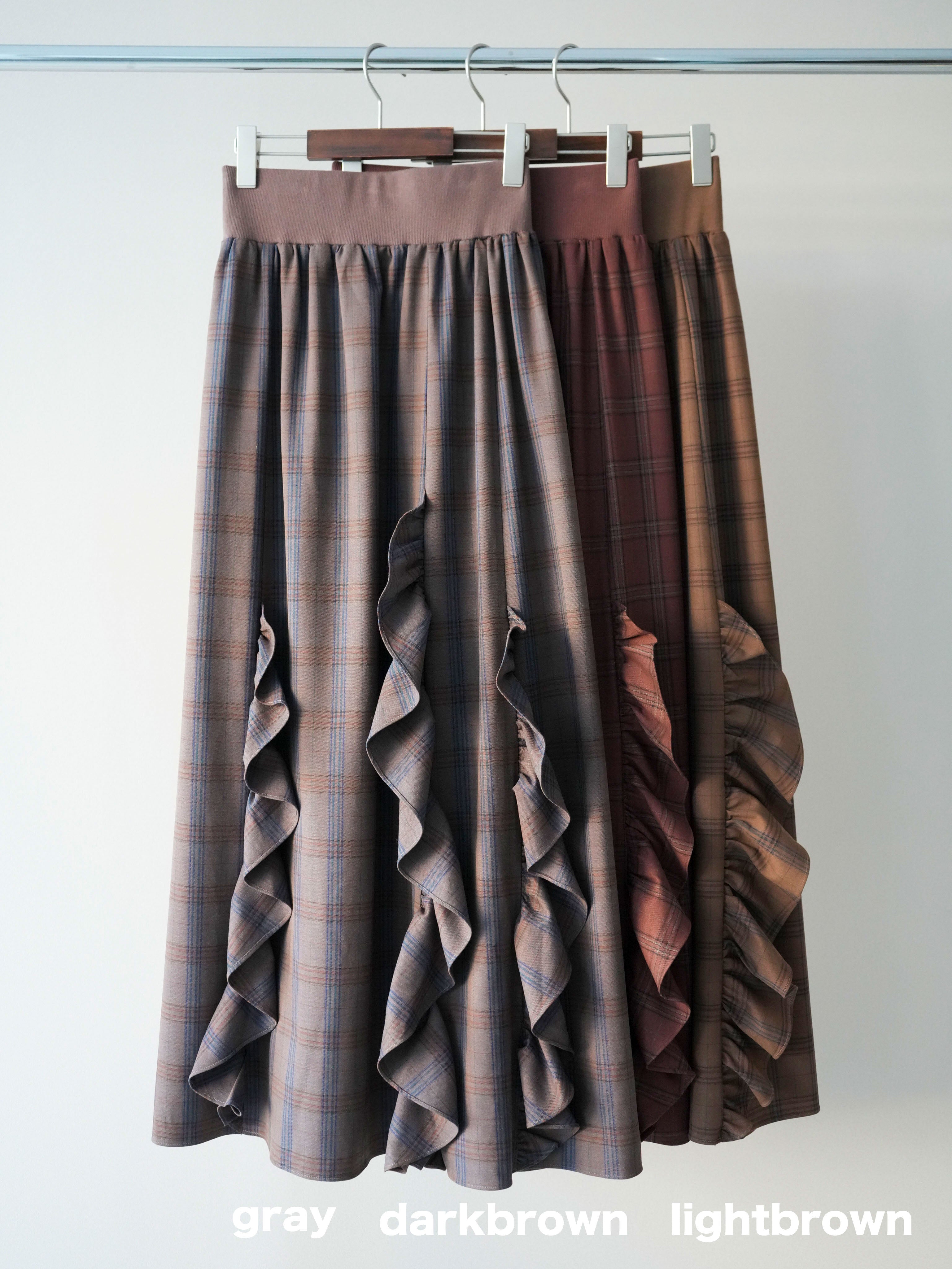 SET]チェック柄フリルハイウエストマキシスカート+チェック柄フリル