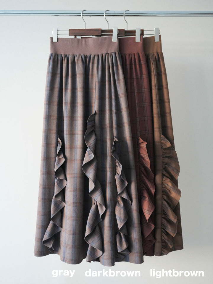 [SET]プチネックパワーショルダー起毛トップス+チェック柄フリルハイウエストマキシスカート(2set)