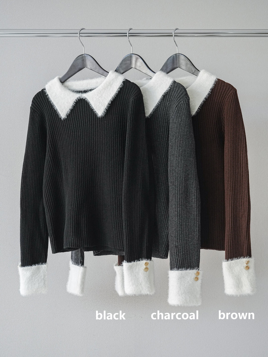 [SET]シャギー襟リブニットトップス+ベルトループデザインワイドパンツ(2set)