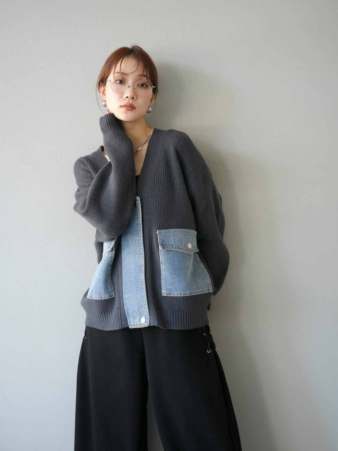 [予約]デニムポケットデザインニットカーディガン/チャコール