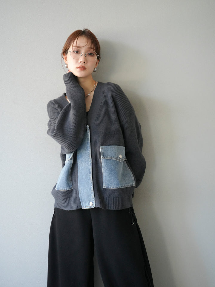 [予約]デニムポケットデザインニットカーディガン/チャコール