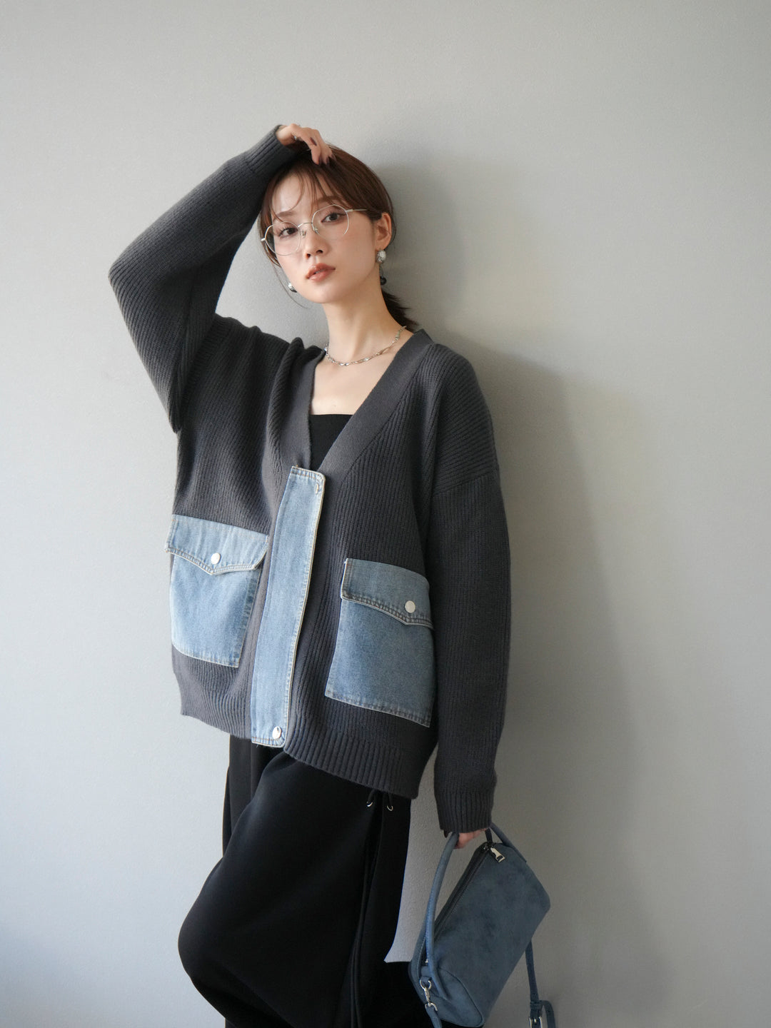 [予約]デニムポケットデザインニットカーディガン/チャコール