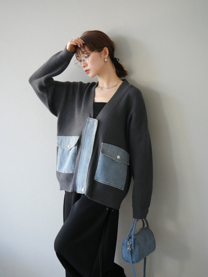 [予約]デニムポケットデザインニットカーディガン/チャコール
