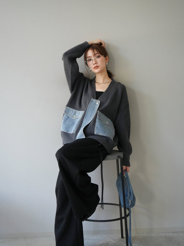 [予約]デニムポケットデザインニットカーディガン/チャコール