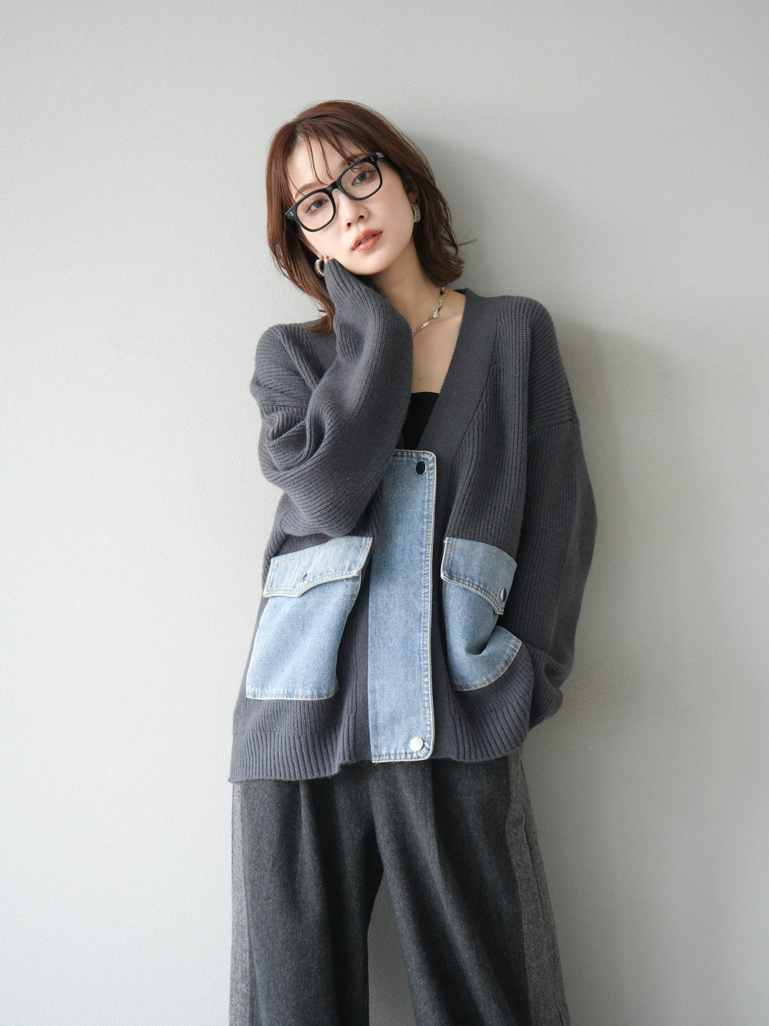 [予約]デニムポケットデザインニットカーディガン/チャコール