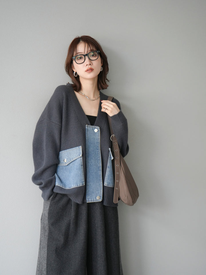 [予約]デニムポケットデザインニットカーディガン/チャコール