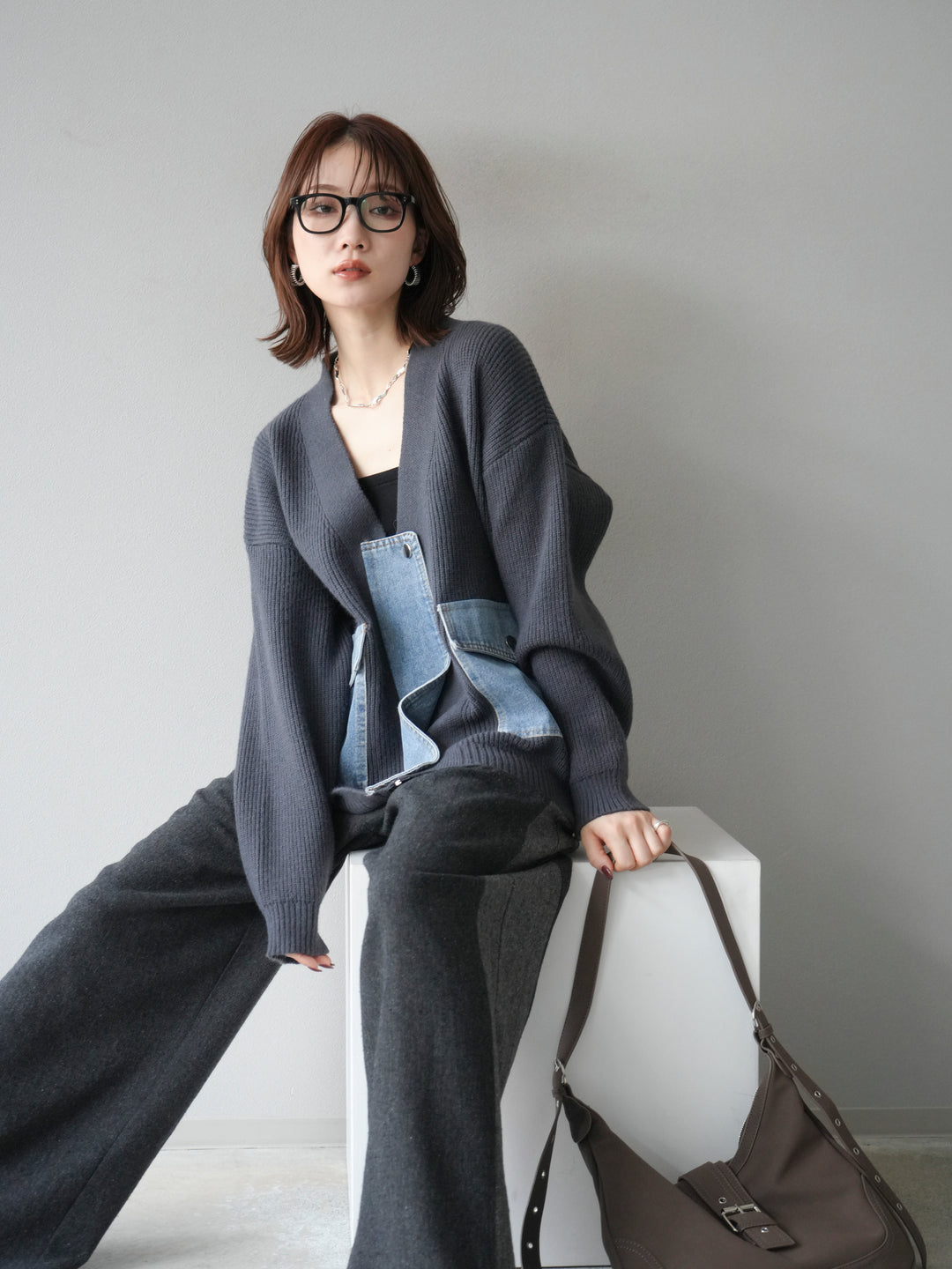 [予約]デニムポケットデザインニットカーディガン/チャコール