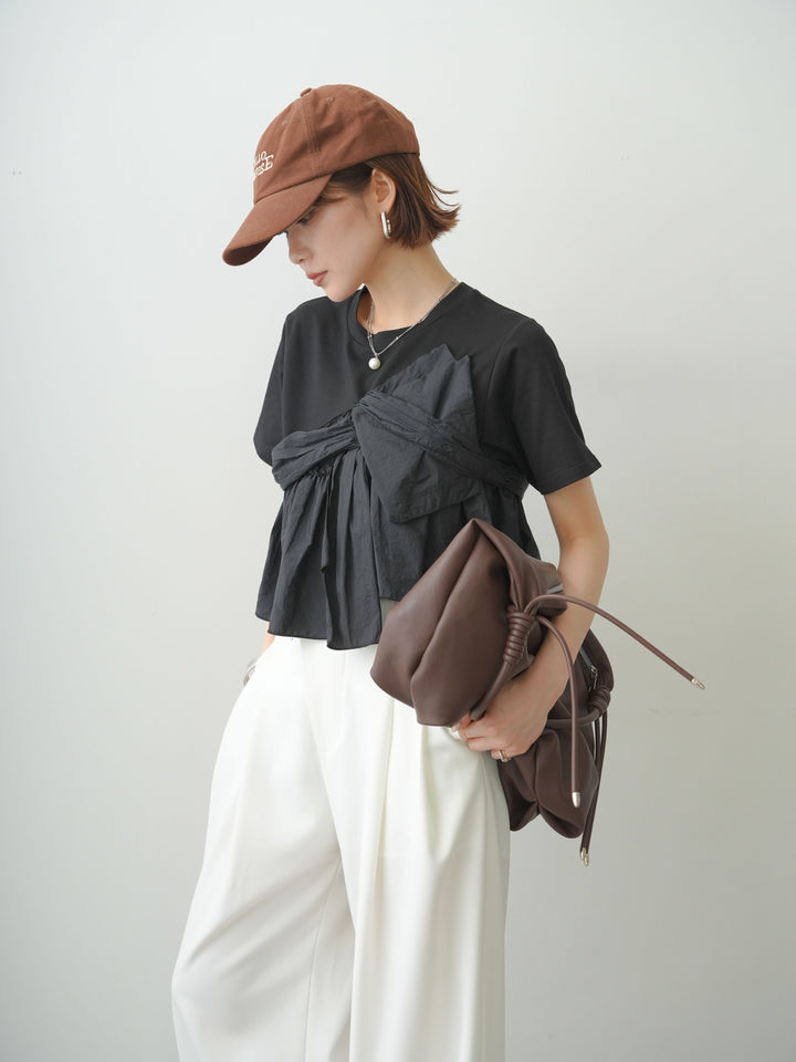 [SET]ナイロンドッキングツイストTEE +アシンメトリーベルトタックワイドパンツ(2set)