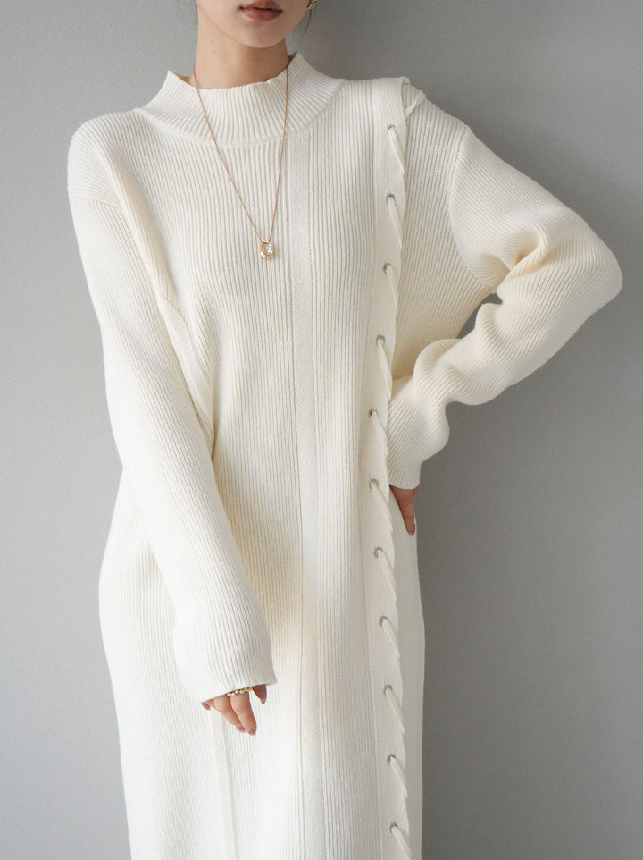 [SET] 不對稱繫帶高領針織連身裙 + 可選飾品套裝 (2套)