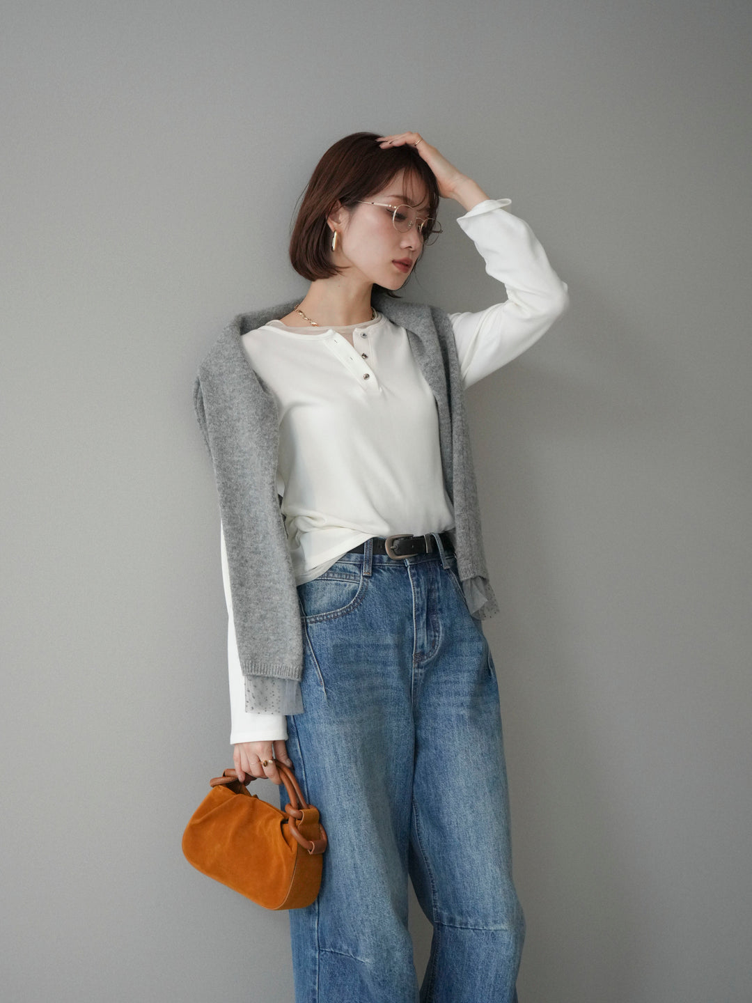 [予約]チュールレイヤードヘンリーネックカットソー/ivory