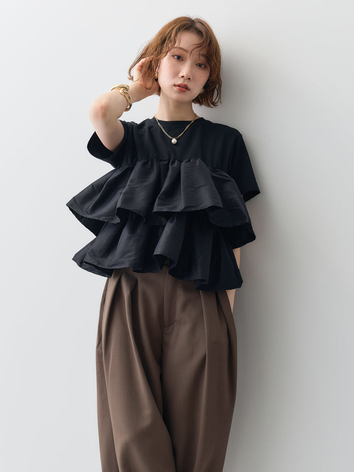 [SET]フリルティアードTEE+クレープデシンタックワイドパンツ(2set)