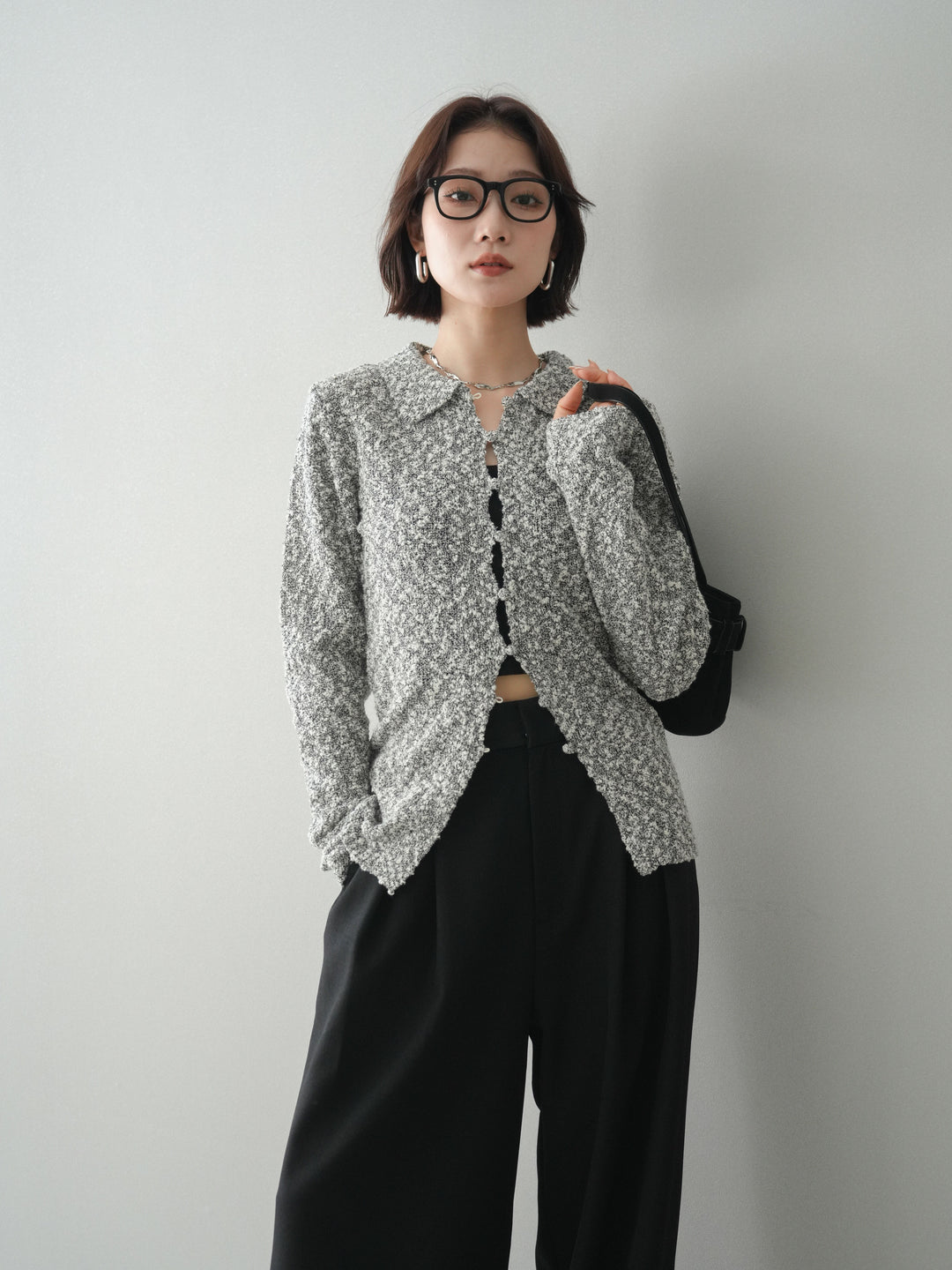 [SET]透かし編みブークレポロニットトップス+選べるアクセセット(2set)