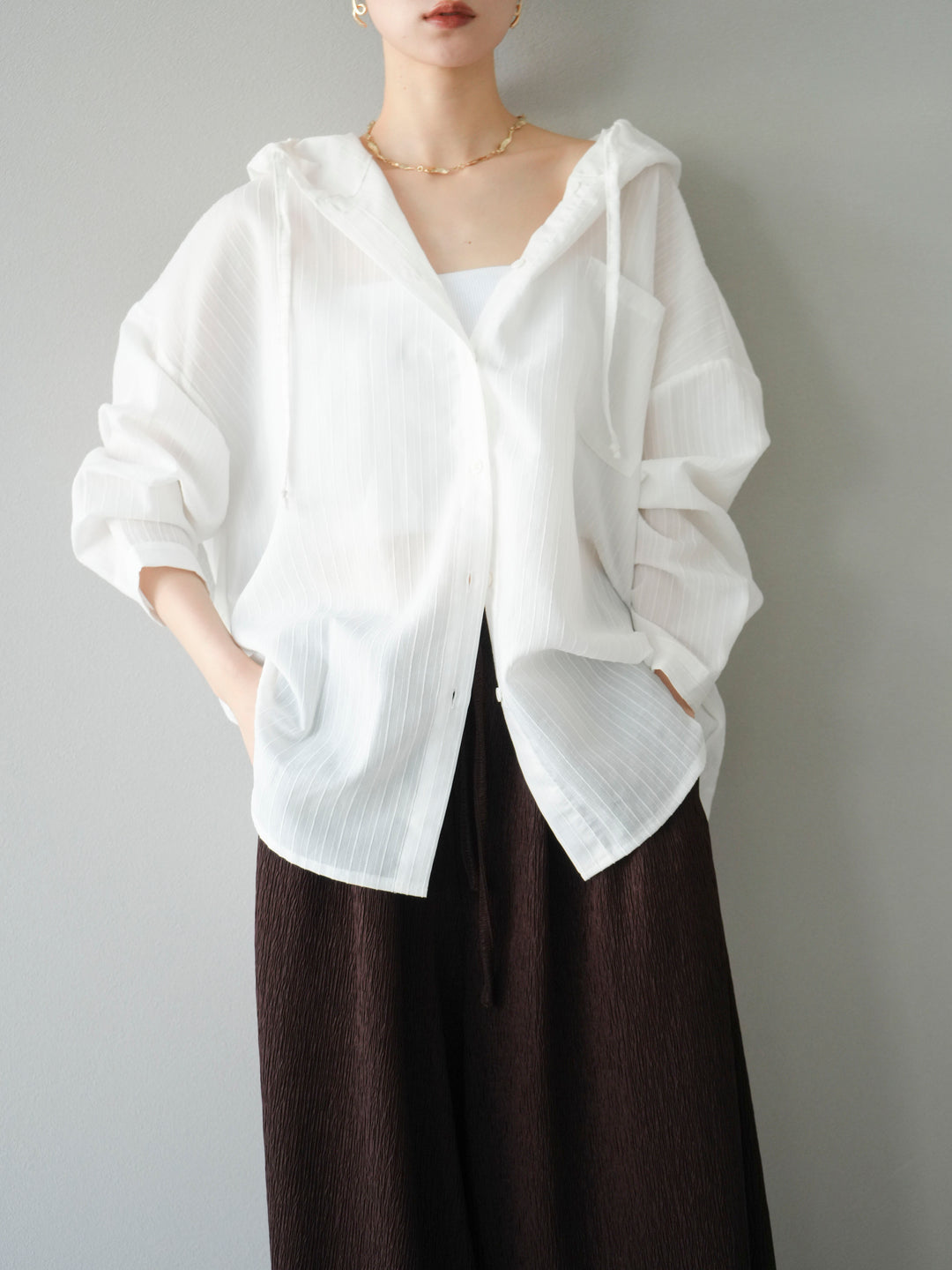 [予約]ワッシャーストライプフーディーシャツ/オフ