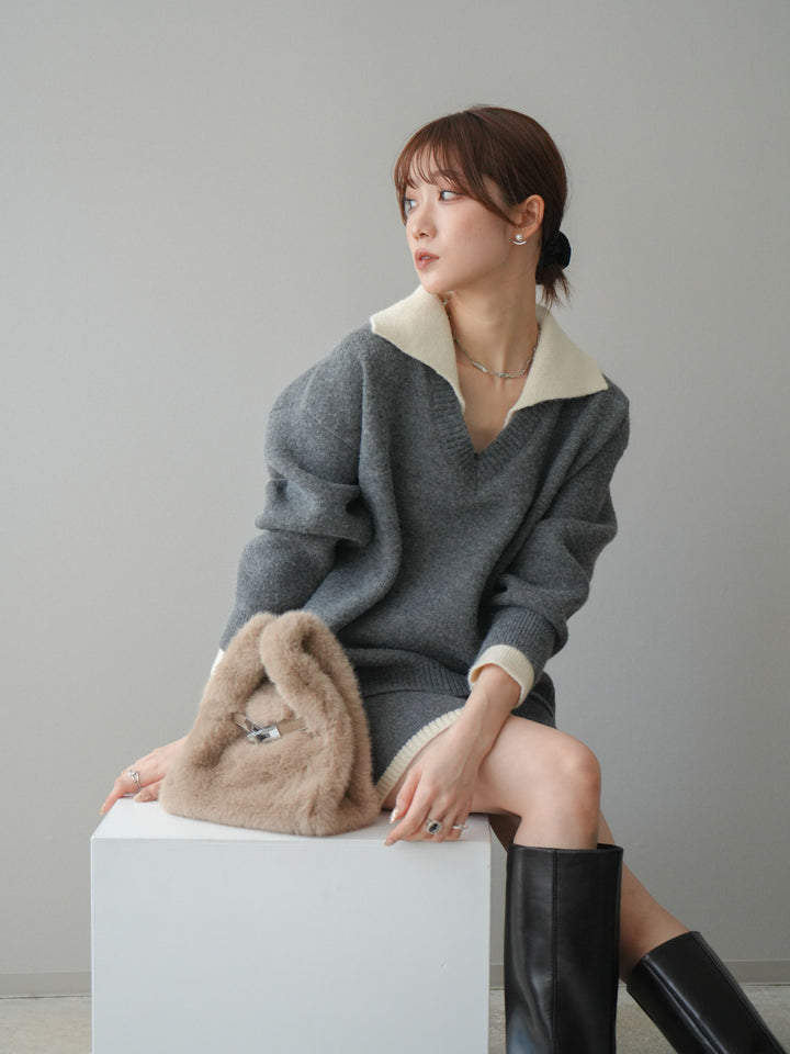 [SET]配色襟ニット＆ミニスカートSET UP+配色襟ニット＆ミニスカートSET UP(2set)