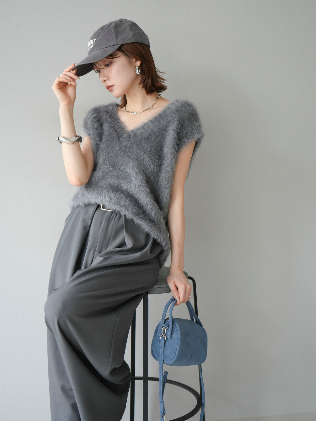 [SET]ラメシャギーVネックニットベスト+ベルトループデザインワイドパンツ(2set)