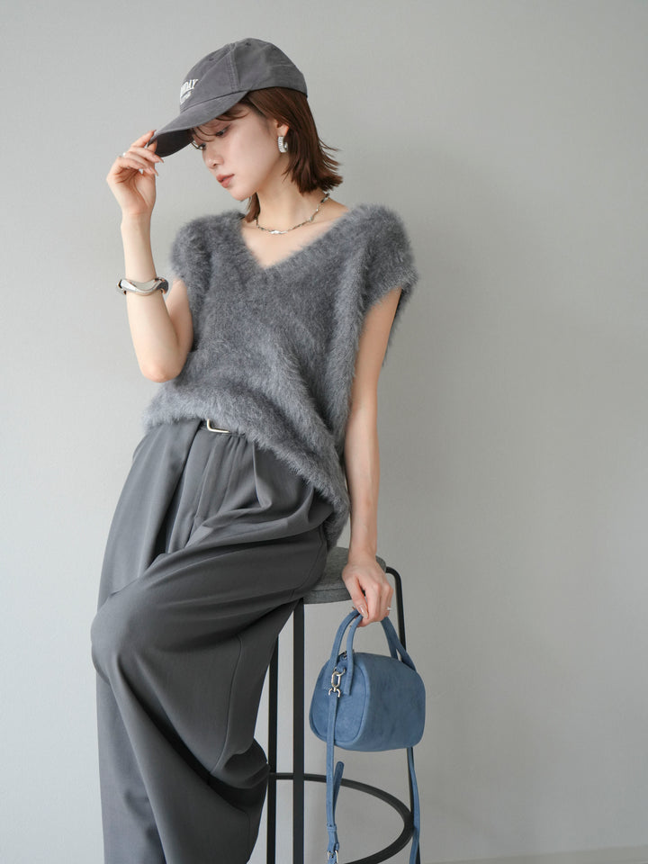 [SET]ラメシャギーVネックニットベスト+ベルトループデザインワイドパンツ(2set)