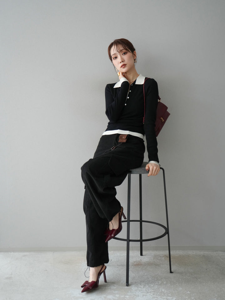 [予約]レイヤード配色ポロニットトップス/black