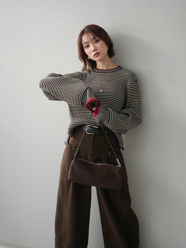 [予約]ラメ異素材ボーダーリブニットプルオーバー/brown×red