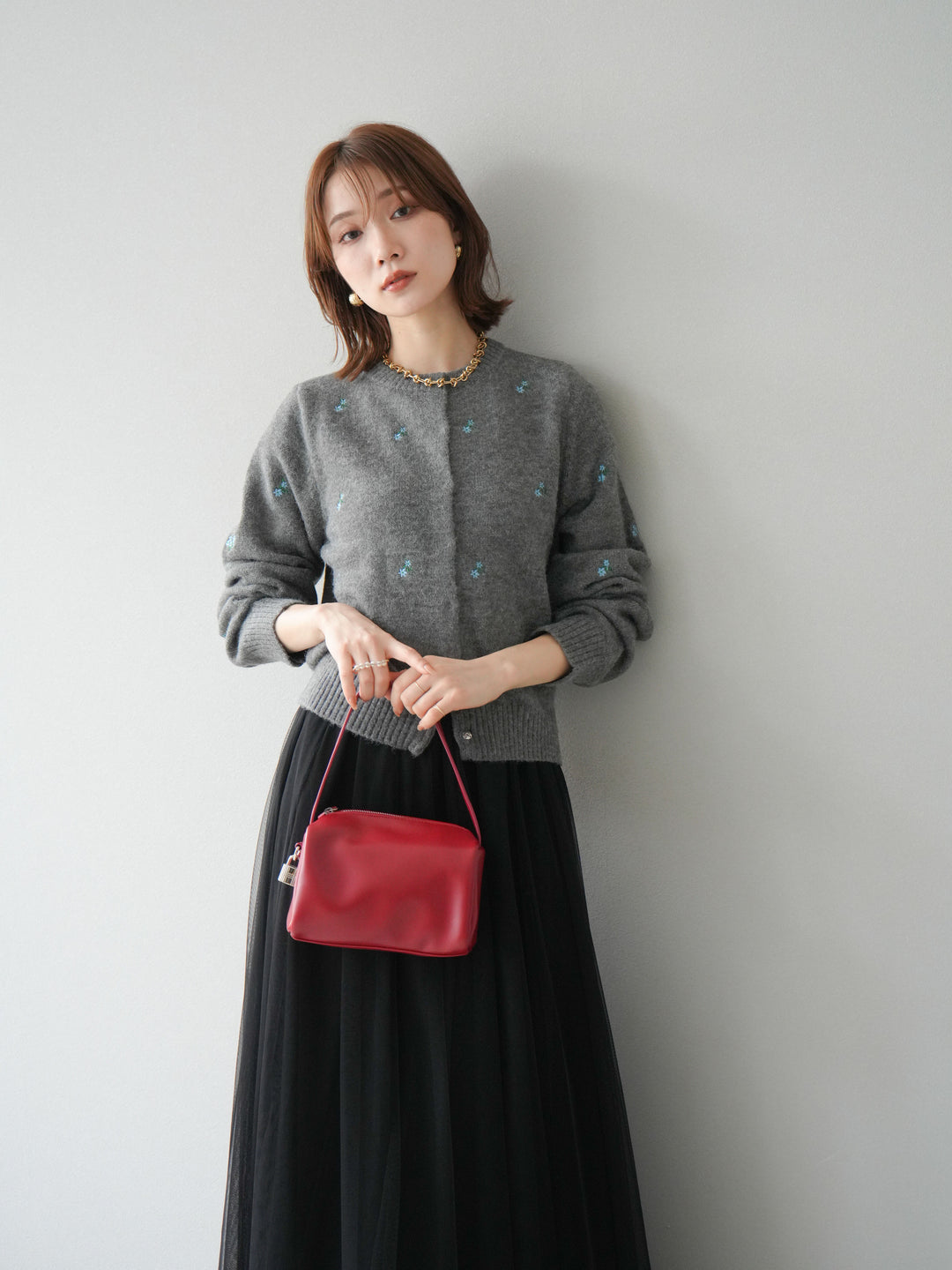 [SET]フラワー刺繍ニットカーディガン+チュールボリュームスカート(2set)