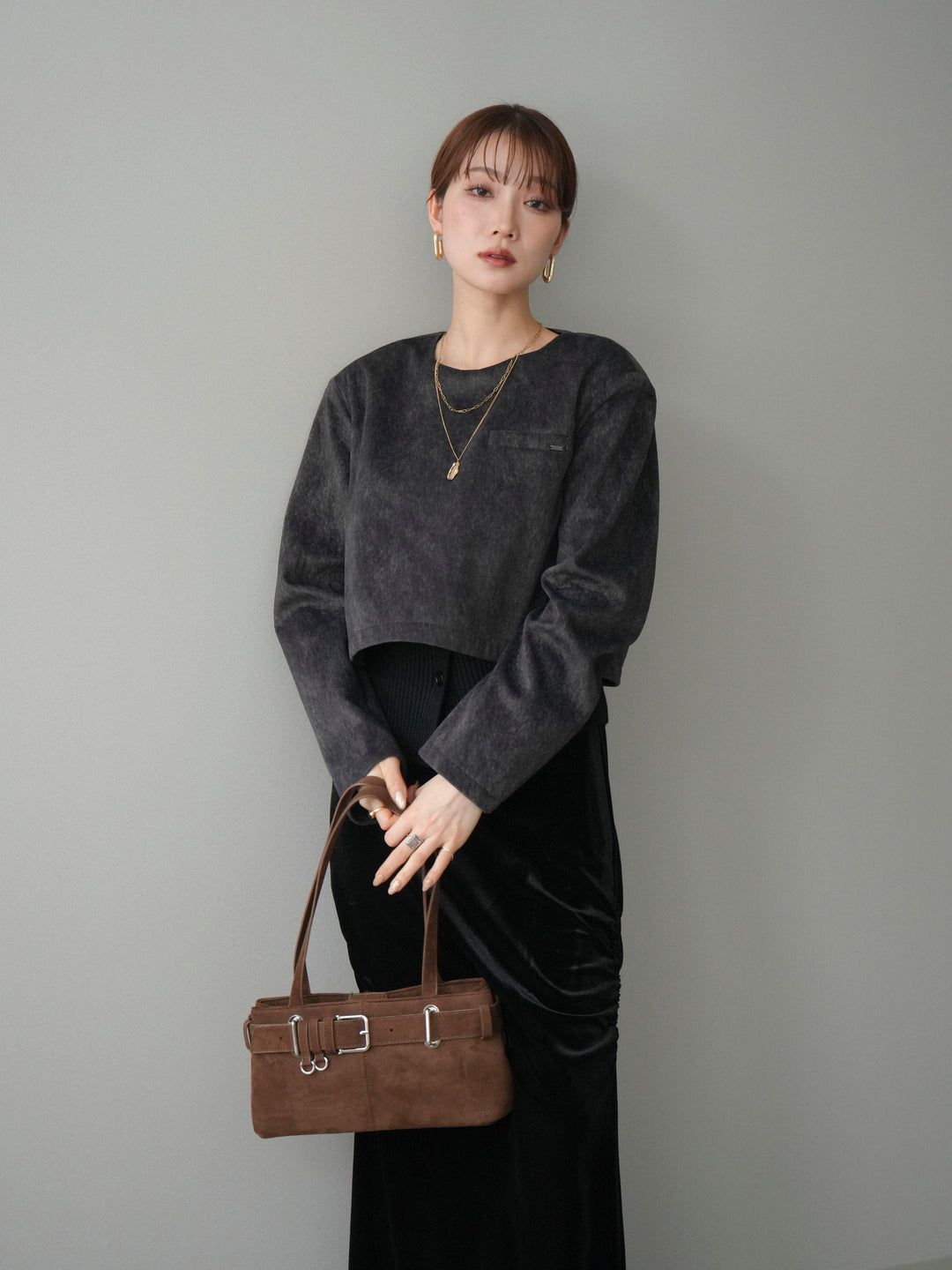 [予約]リブニットレイヤードスエードプルオーバー/charcoal