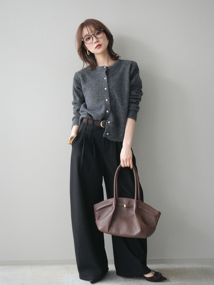 [SET]アンティークボタンニットカーディガン+アニマル柄ベルト付きウールタッチワイドパンツ(2set)