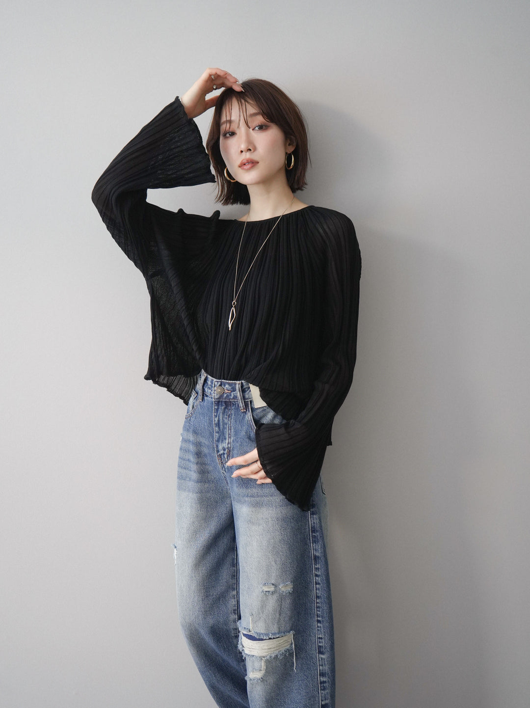 [SET]プリーツシアーフレアスリーブニットトップス+選べるアクセセット(2set)