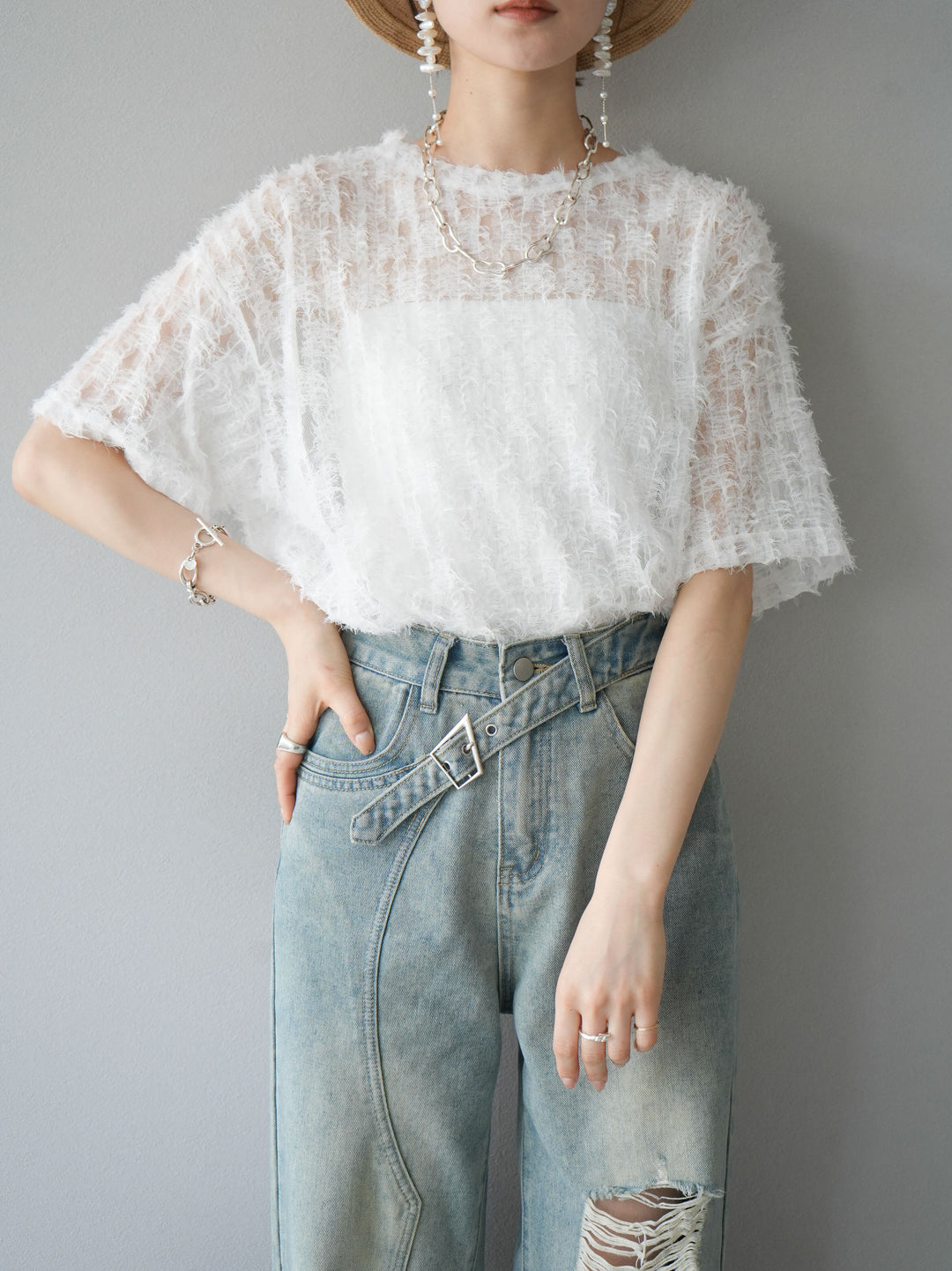 [Pre-order] Fringe Tulle 5/4 Sleeve Over Top/Off-White