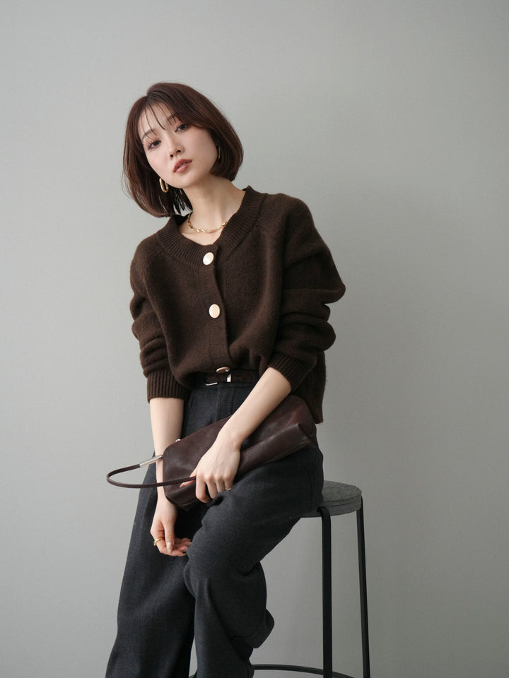 [SET]BIGボタンニットカーディガン+アニマル柄ベルト付きウールタッチワイドパンツ(2set)