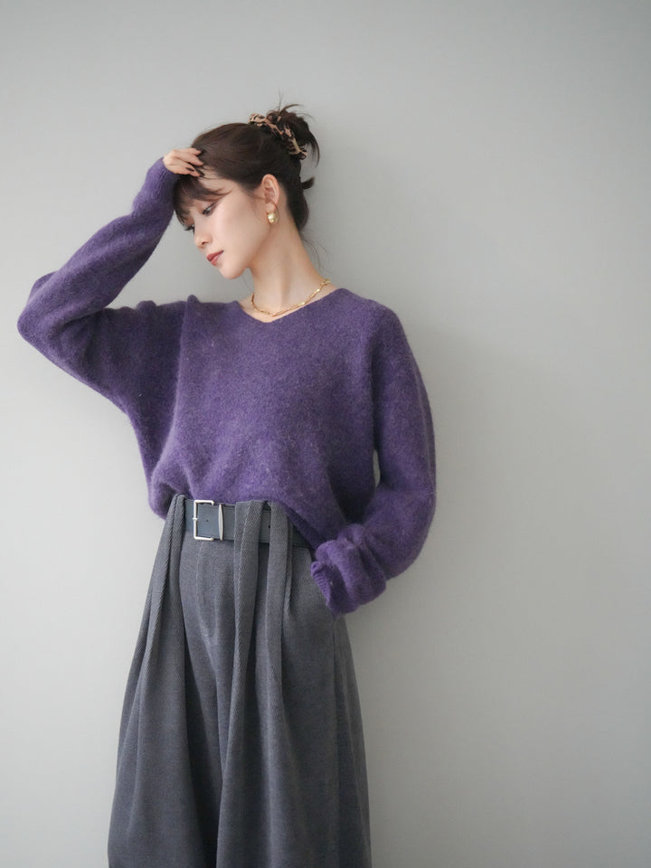 [予約]シュシュ付きアンゴラタッチVネックニットプルオーバー/purple