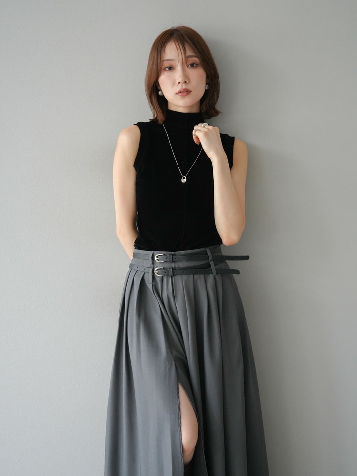 [SET]シアーベロアプチネックノースリーブトップス+エステルプリーツスリットスカート(2set)
