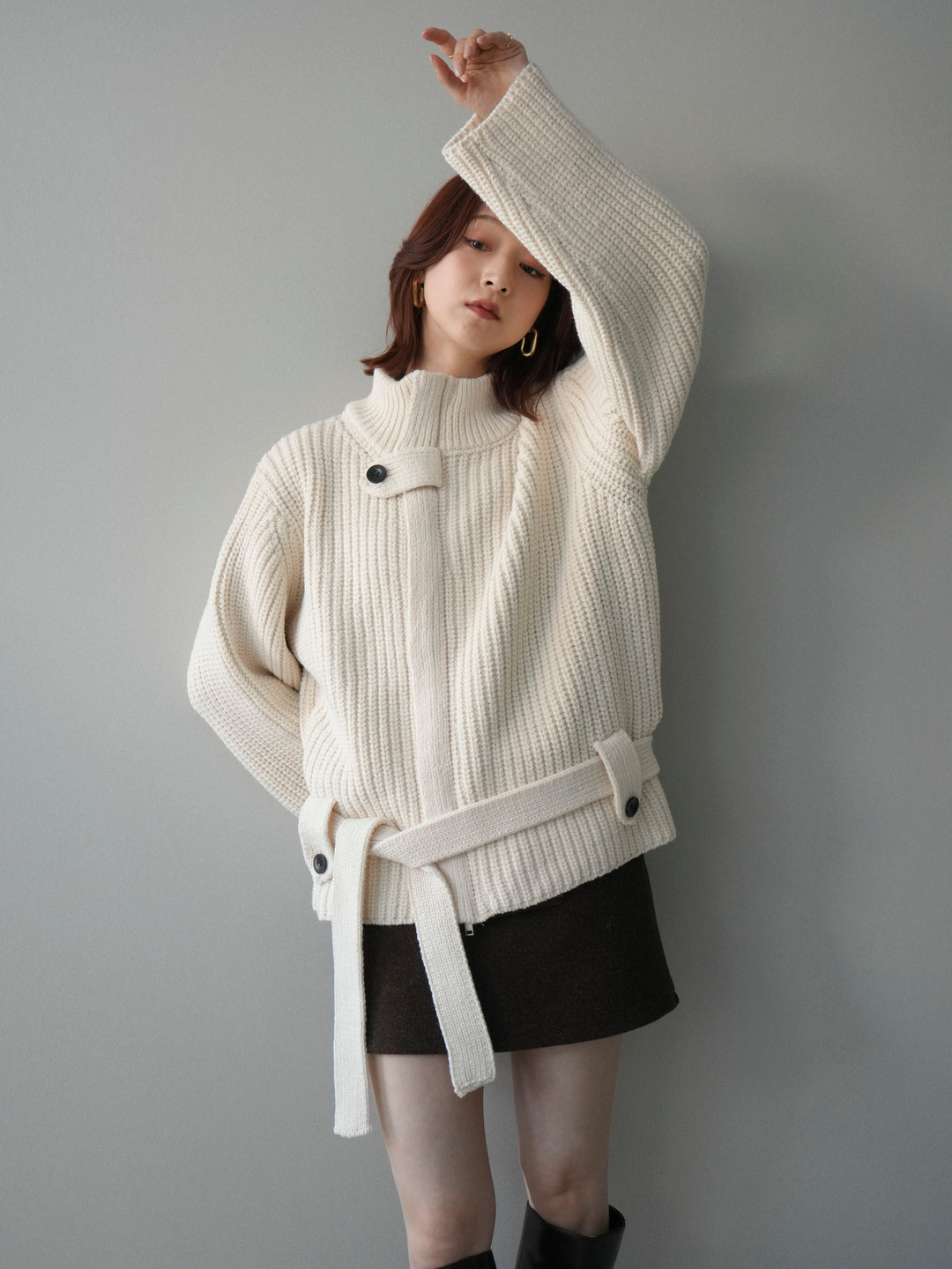 [予約]畦編みボトルネックZIPニットカーディガン/white