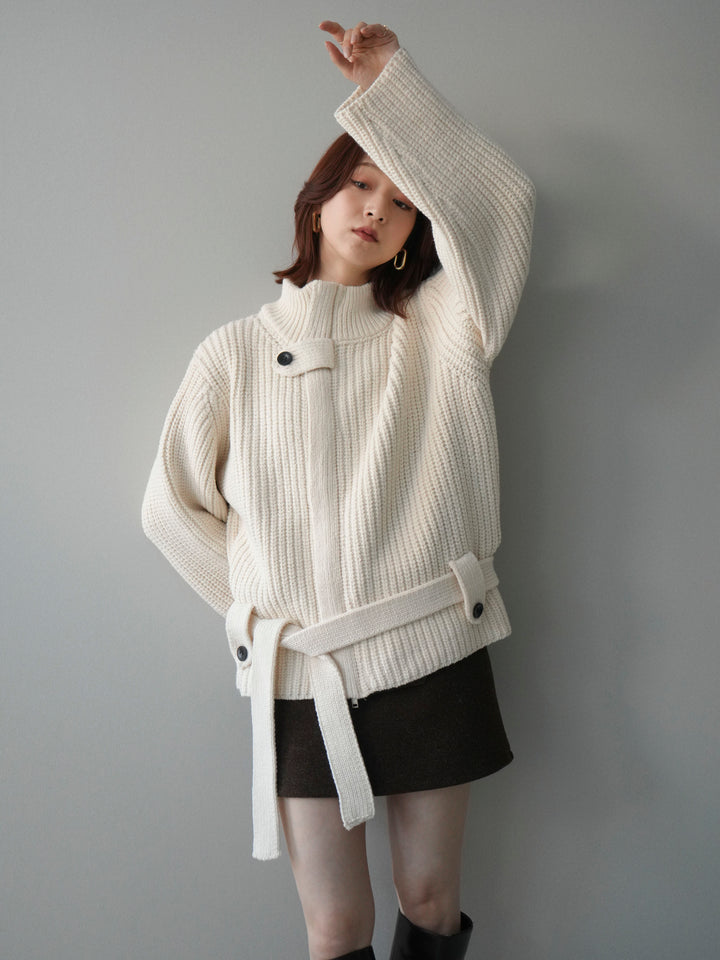 [予約]畦編みボトルネックZIPニットカーディガン/white