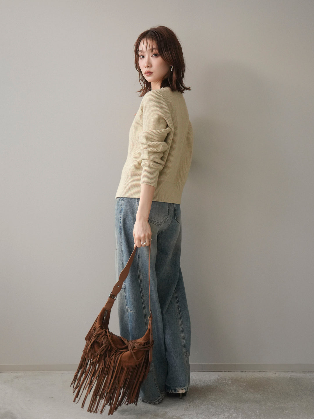 [SET]シルバーボタン畦編みニットカーディガン+ベルト付カーブデニムパンツ(2set)