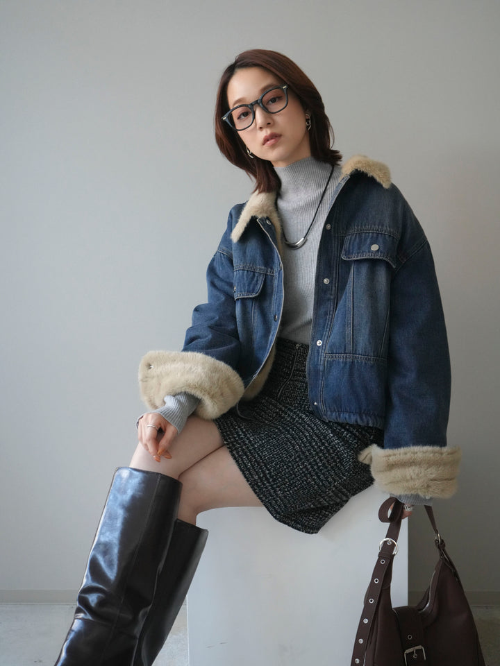 [予約]デニム×ファーステンカラーショートジャケット/blue