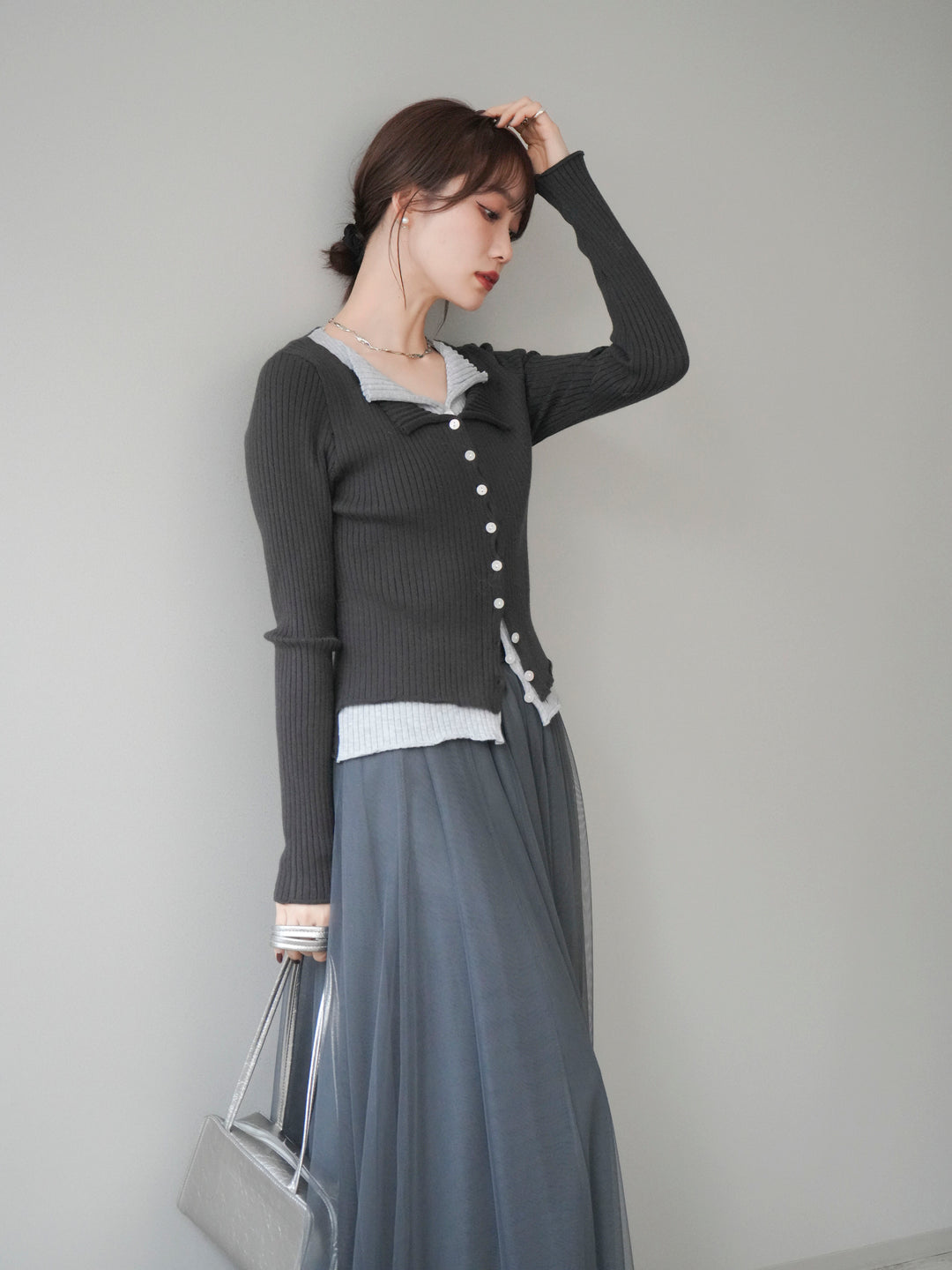 [予約]配色レイヤードリブニットカーディガン/charcoal