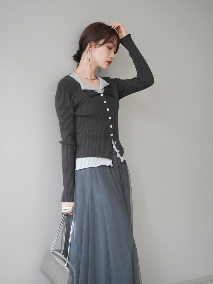 [予約]配色レイヤードリブニットカーディガン/charcoal