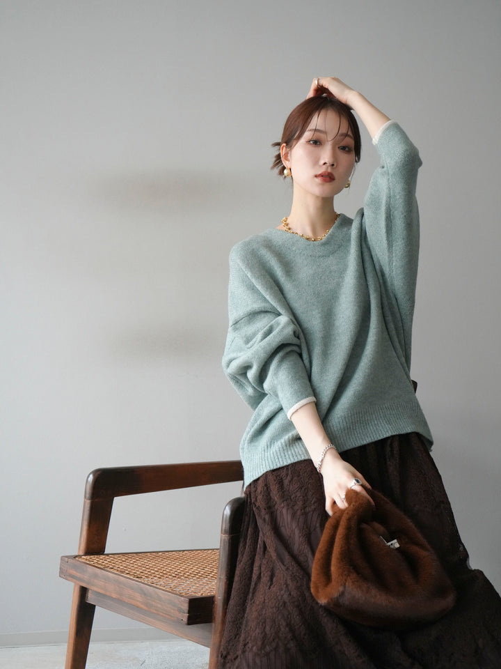 [SET]Vネック配色スリーブニットプルオーバー+選べるアクセセット(2set)