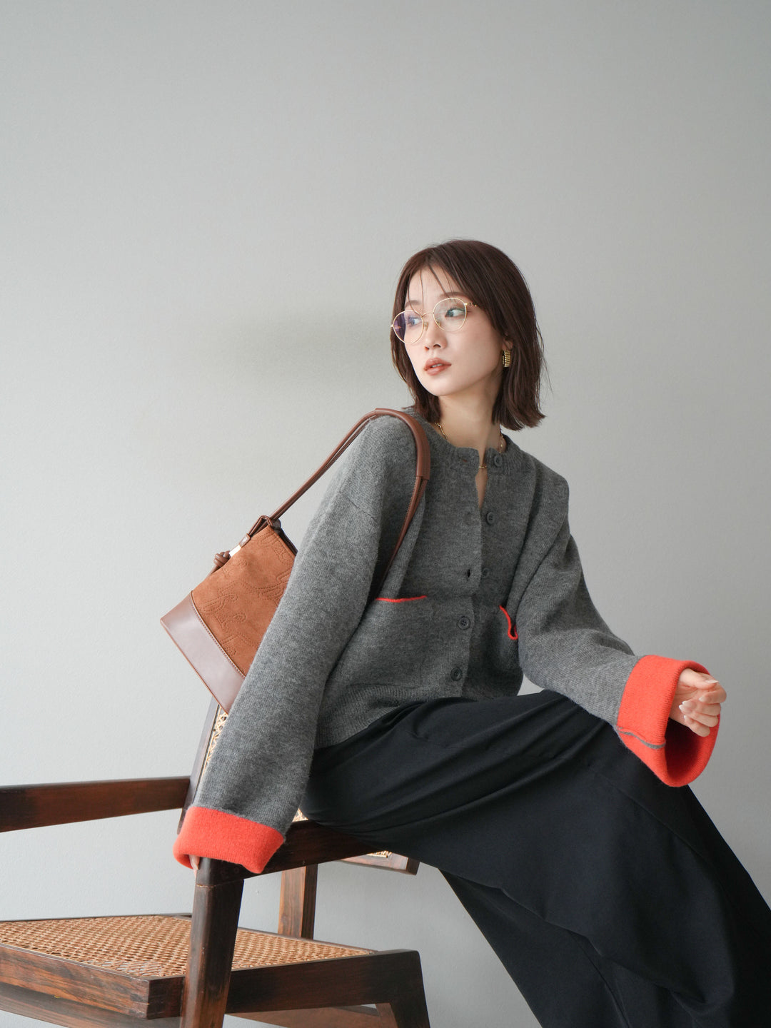 【SET】雙色針織開襟衫+褶襉設計寬褲（2套）