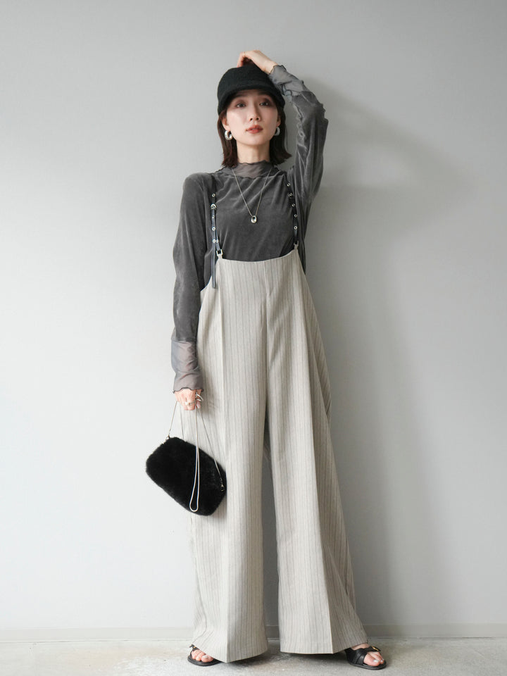 【着回しセット】[SET]ヘリンボーンストライプジレ+シアー切替ベロアトップス+ヘリンボーンストライプサロペット(3set)