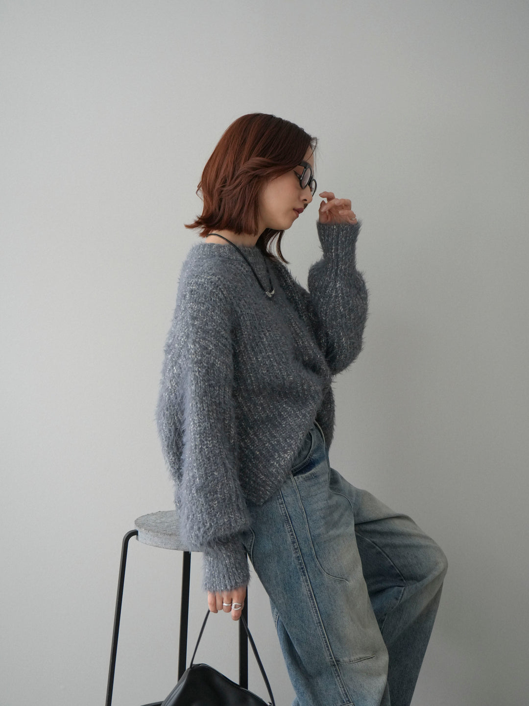 [SET]ボリュームスリーブシャギー MIXニットプルオーバー+ベルト付カーブデニムパンツ(2set)