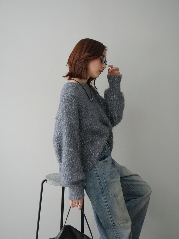 [SET]ボリュームスリーブシャギー MIXニットプルオーバー+ベルト付カーブデニムパンツ(2set)