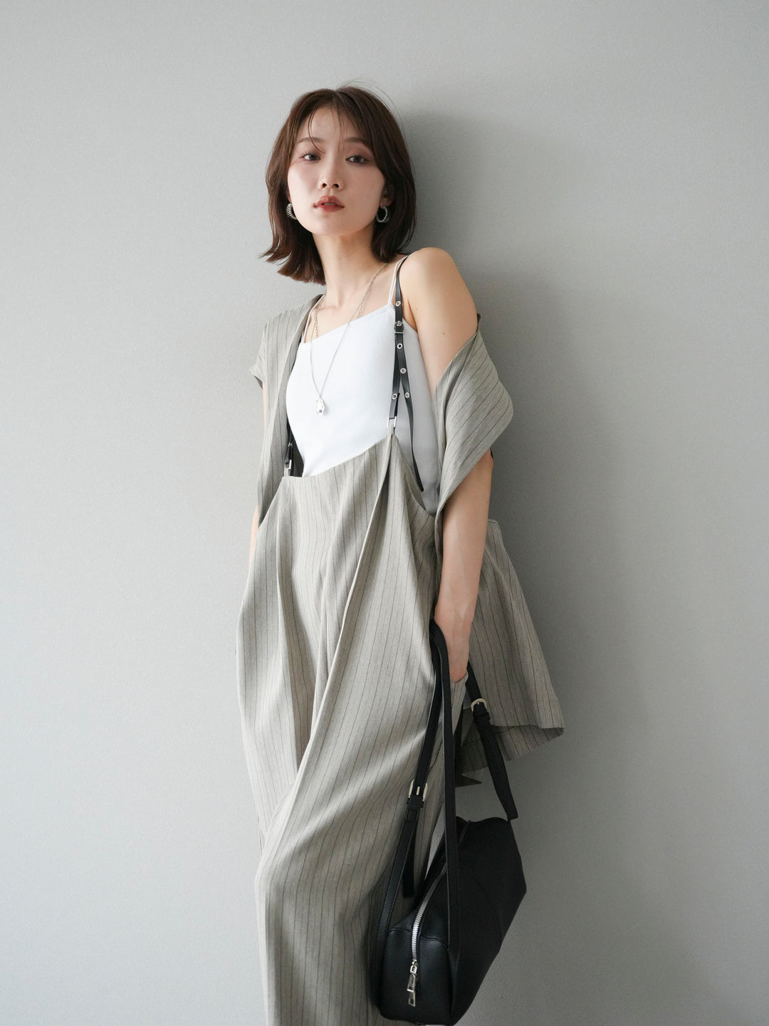 【着回しセット】[SET]ヘリンボーンストライプジレ+シアー切替ベロアトップス+ヘリンボーンストライプサロペット(3set)