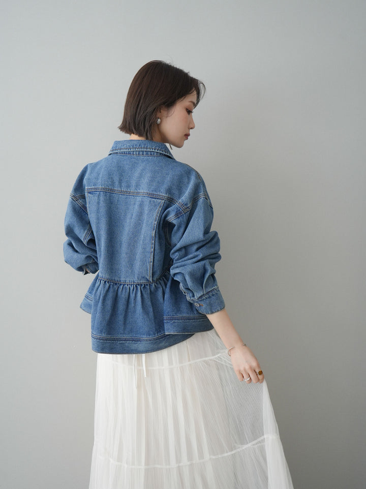 【套裝】荷葉邊牛仔外套+無袖緞面蕾絲吊帶背心+亮片褶皺多層薄紗長裙（三件套）