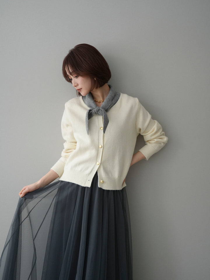 [SET]デザイン襟ニットカーディガン+チュールボリュームスカート(2set)